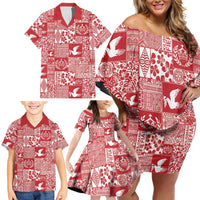 Red Tonga Kilisimasi Fiefia Family Matching Off Shoulder Short Dress and Hawaiian Shirt Pacific Patchwork Xmas Vibes - Polynesian Pride
