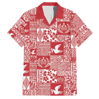 Red Tonga Kilisimasi Fiefia Family Matching Off Shoulder Short Dress and Hawaiian Shirt Pacific Patchwork Xmas Vibes - Polynesian Pride