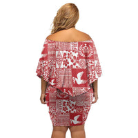 Red Tonga Kilisimasi Fiefia Family Matching Off Shoulder Short Dress and Hawaiian Shirt Pacific Patchwork Xmas Vibes - Polynesian Pride