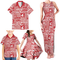 Red Tonga Kilisimasi Fiefia Family Matching Tank Maxi Dress and Hawaiian Shirt Pacific Patchwork Xmas Vibes - Polynesian Pride