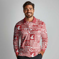 Red Tonga Kilisimasi Fiefia Long Sleeve Polo Shirt Pacific Patchwork Xmas Vibes - Polynesian Pride