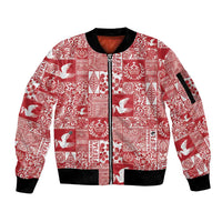 Red Tonga Kilisimasi Fiefia Sleeve Zip Bomber Jacket Pacific Patchwork Xmas Vibes - Polynesian Pride