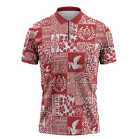 Red Tonga Kilisimasi Fiefia Zipper Polo Shirt Pacific Patchwork Xmas Vibes - Polynesian Pride