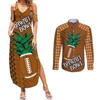 Custom Hawaii Honolulu Bowl Couples Matching Summer Maxi Dress and Long Sleeve Button Shirt With Kakau Tribal Pattern LT9 Brown - Polynesian Pride