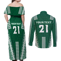 Polynesian Hawaii Volleyball Custom Couples Matching Off Shoulder Maxi Dress and Long Sleeve Button Shirt Green Kakau with Map Motif