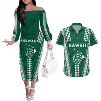 Polynesian Hawaii Volleyball Custom Couples Matching Off The Shoulder Long Sleeve Dress and Hawaiian Shirt Green Kakau with Map Motif