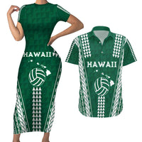 Polynesian Hawaii Volleyball Custom Couples Matching Short Sleeve Bodycon Dress and Hawaiian Shirt Green Kakau with Map Motif