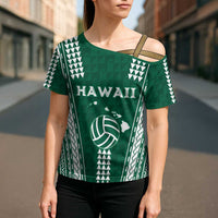 Polynesian Hawaii Volleyball Custom Cross Shoulder Shirt Green Kakau with Map Motif - Polynesian Pride