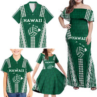 Polynesian Hawaii Volleyball Custom Family Matching Off Shoulder Maxi Dress and Hawaiian Shirt Green Kakau with Map Motif