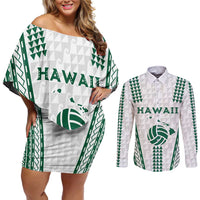 Polynesian Hawaii Volleyball Custom Couples Matching Off Shoulder Short Dress and Long Sleeve Button Shirt White Kakau with Map Motif