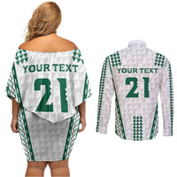 Polynesian Hawaii Volleyball Custom Couples Matching Off Shoulder Short Dress and Long Sleeve Button Shirt White Kakau with Map Motif