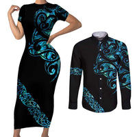 All Black Maori Tribal Tattoo Personalised Couples Matching Short Sleeve Bodycon Dress and Long Sleeve Button Shirt Polynesian Style LT9 Black - Polynesian Pride