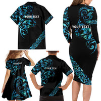 All Black Maori Tribal Tattoo Personalised Family Matching Long Sleeve Bodycon Dress and Hawaiian Shirt Polynesian Style