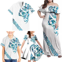 All White Maori Tribal Tattoo Personalised Family Matching Off Shoulder Maxi Dress and Hawaiian Shirt Polynesian Style