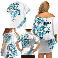 All White Maori Tribal Tattoo Personalised Family Matching Off Shoulder Short Dress and Hawaiian Shirt Polynesian Style