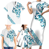 All White Maori Tribal Tattoo Personalised Family Matching Short Sleeve Bodycon Dress and Hawaiian Shirt Polynesian Style