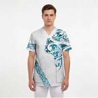 All White Maori Tribal Tattoo Personalised Scrub Top Polynesian Style - Polynesian Pride