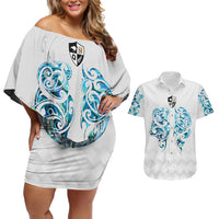Queensland Maori Kiwi Personalised Couples Matching Off Shoulder Short Dress and Hawaiian Shirt Ma Kakariki Papua Shell Maori Tribal Tattoo