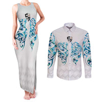 Queensland Maori Kiwi Personalised Couples Matching Tank Maxi Dress and Long Sleeve Button Shirt Ma Kakariki Papua Shell Maori Tribal Tattoo LT9 White - Polynesian Pride