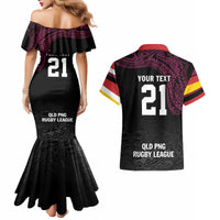 Queensland Papua New Guinea Custom Couples Matching Mermaid Dress and Hawaiian Shirt All Black Pacific PNG Tribal Style