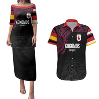 Queensland Papua New Guinea Custom Couples Matching Puletasi and Hawaiian Shirt All Black Pacific PNG Tribal Style