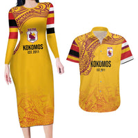 Queensland Papua New Guinea Custom Couples Matching Long Sleeve Bodycon Dress and Hawaiian Shirt All Gold Pacific PNG Tribal Style