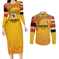 Queensland Papua New Guinea Custom Couples Matching Long Sleeve Bodycon Dress and Long Sleeve Button Shirt All Gold Pacific PNG Tribal Style