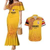 Queensland Papua New Guinea Custom Couples Matching Mermaid Dress and Hawaiian Shirt All Gold Pacific PNG Tribal Style