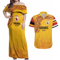 Queensland Papua New Guinea Custom Couples Matching Off Shoulder Maxi Dress and Hawaiian Shirt All Gold Pacific PNG Tribal Style