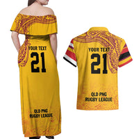 Queensland Papua New Guinea Custom Couples Matching Off Shoulder Maxi Dress and Hawaiian Shirt All Gold Pacific PNG Tribal Style