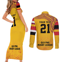 Queensland Papua New Guinea Custom Couples Matching Short Sleeve Bodycon Dress and Long Sleeve Button Shirt All Gold Pacific PNG Tribal Style LT9 - Polynesian Pride