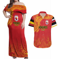 Queensland Papua New Guinea Custom Couples Matching Off Shoulder Maxi Dress and Hawaiian Shirt All Red Pacific PNG Tribal Style