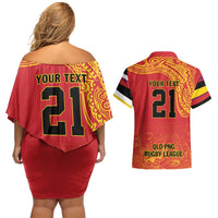 Queensland Papua New Guinea Custom Couples Matching Off Shoulder Short Dress and Hawaiian Shirt All Red Pacific PNG Tribal Style