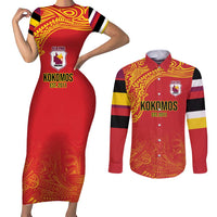 Queensland Papua New Guinea Custom Couples Matching Short Sleeve Bodycon Dress and Long Sleeve Button Shirt All Red Pacific PNG Tribal Style