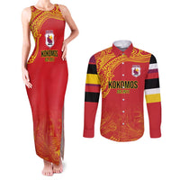 Queensland Papua New Guinea Custom Couples Matching Tank Maxi Dress and Long Sleeve Button Shirt All Red Pacific PNG Tribal Style