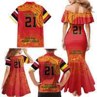 Queensland Papua New Guinea Custom Family Matching Mermaid Dress and Hawaiian Shirt All Red Pacific PNG Tribal Style