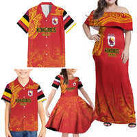 Queensland Papua New Guinea Custom Family Matching Off Shoulder Maxi Dress and Hawaiian Shirt All Red Pacific PNG Tribal Style