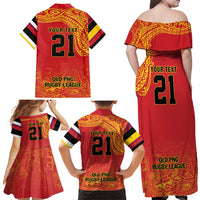 Queensland Papua New Guinea Custom Family Matching Off Shoulder Maxi Dress and Hawaiian Shirt All Red Pacific PNG Tribal Style