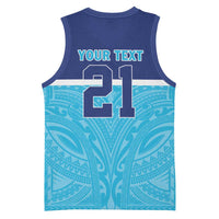 Queensland Samoa Custom Basketball Jersey Blue Pacific Polynesian Tribal Pattern - Polynesian Pride
