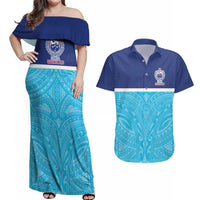 Queensland Samoa Custom Couples Matching Off Shoulder Maxi Dress and Hawaiian Shirt Blue Pacific Polynesian Tribal Pattern