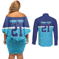 Queensland Samoa Custom Couples Matching Off Shoulder Short Dress and Long Sleeve Button Shirt Blue Pacific Polynesian Tribal Pattern