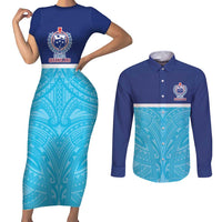 Queensland Samoa Custom Couples Matching Short Sleeve Bodycon Dress and Long Sleeve Button Shirt Blue Pacific Polynesian Tribal Pattern