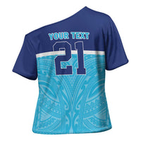Queensland Samoa Custom Cross Shoulder Shirt Blue Pacific Polynesian Tribal Pattern - Polynesian Pride