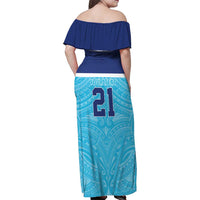 Queensland Samoa Custom Family Matching Off Shoulder Maxi Dress and Hawaiian Shirt Blue Pacific Polynesian Tribal Pattern