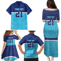 Queensland Samoa Custom Family Matching Puletasi and Hawaiian Shirt Blue Pacific Polynesian Tribal Pattern