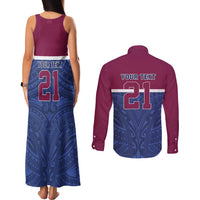 Queensland Samoa Custom Couples Matching Tank Maxi Dress and Long Sleeve Button Shirt Maroon-Blue Pacific Polynesian Tribal Pattern