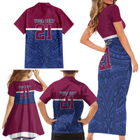 Queensland Samoa Custom Family Matching Short Sleeve Bodycon Dress and Hawaiian Shirt Maroon-Blue Pacific Polynesian Tribal Pattern