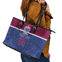 Queensland Samoa Custom Leather Tote Bag Maroon-Blue Pacific Polynesian Tribal Pattern