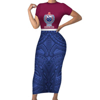Queensland Samoa Custom Short Sleeve Bodycon Dress Maroon-Blue Pacific Polynesian Tribal Pattern