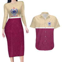 Queensland Samoa Custom Couples Matching Long Sleeve Bodycon Dress and Hawaiian Shirt Maroon Pacific Polynesian Tribal Pattern